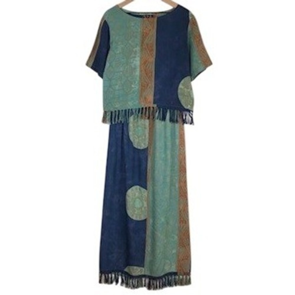 VTG Batik Print 2 Piece Set Fringe Top Maxi Skirt Sz M Blue Teal Rayon S/S
